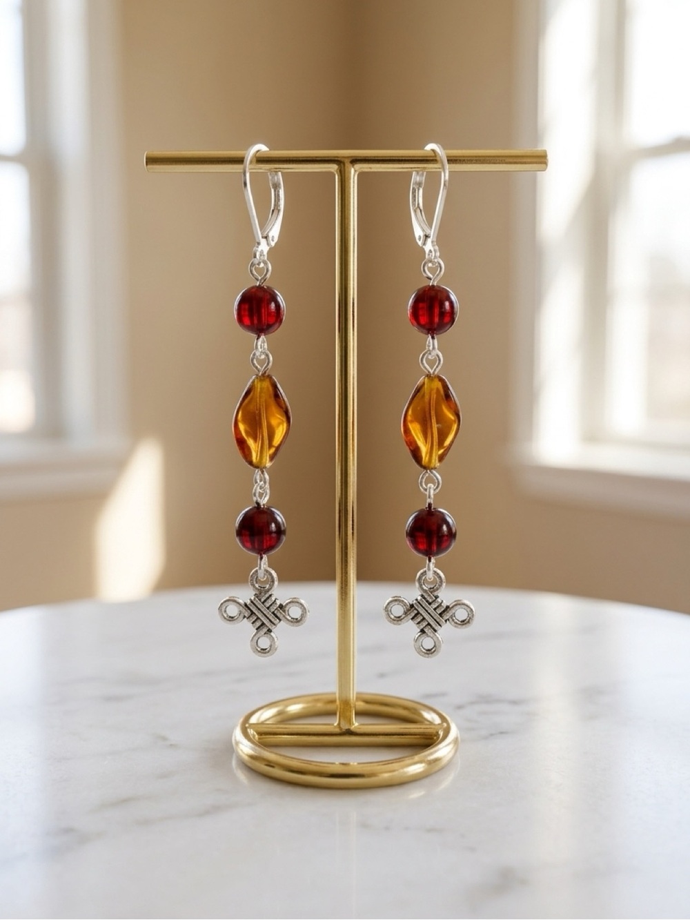 Handmade Amber Colored and Burgundy Dangle Earrings - Silver Accents
